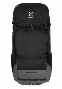 Mochila de senderismo en negro y gris con cierre en la parte superior, bolsillos laterales y correas. Presenta la etiqueta "Rugged Mountain 75" en la parte inferior frontal.