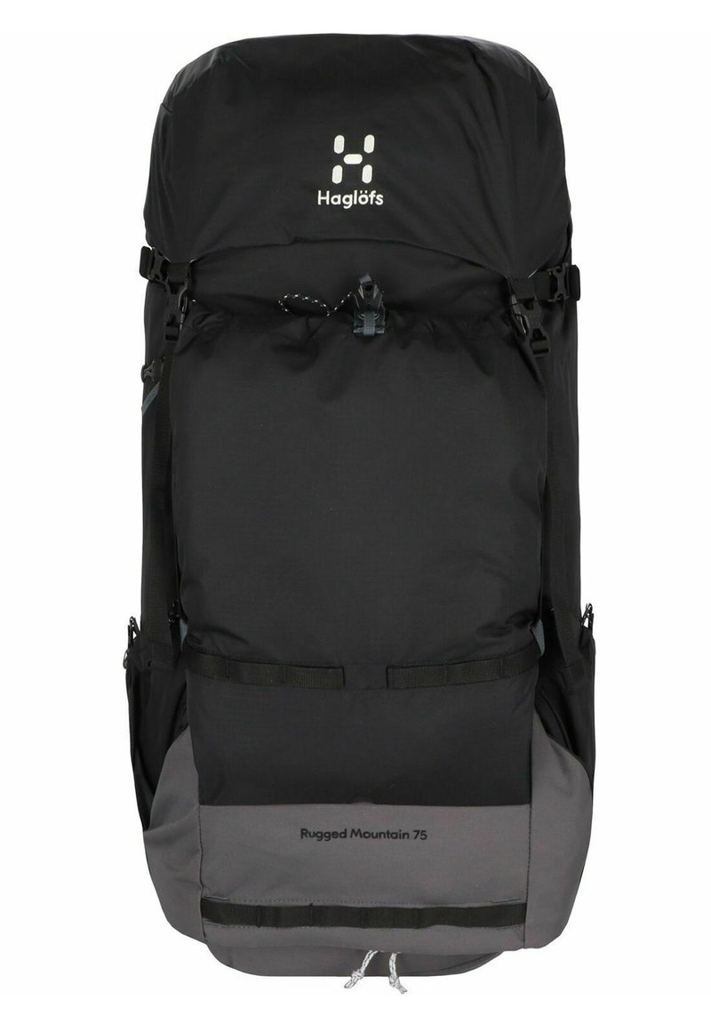 Mochila de senderismo en negro y gris con cierre en la parte superior, bolsillos laterales y correas. Presenta la etiqueta "Rugged Mountain 75" en la parte inferior frontal.