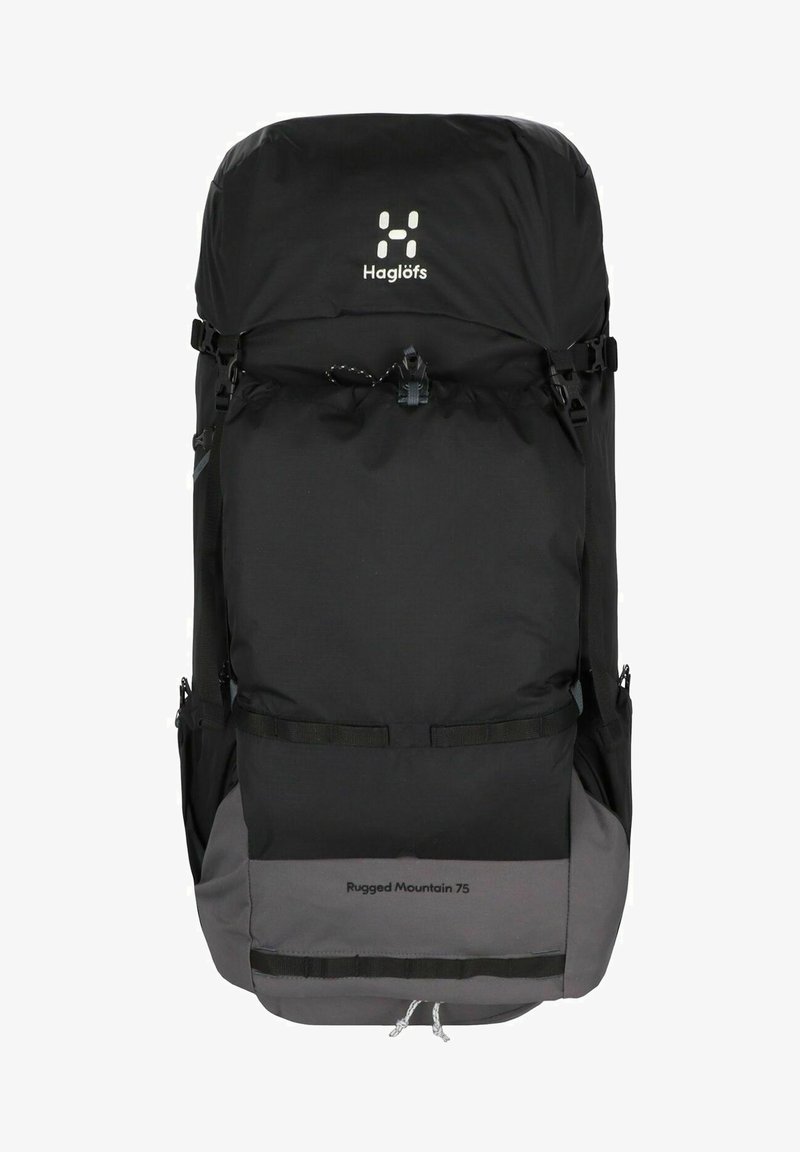 Mochila de senderismo en negro y gris con cierre en la parte superior, bolsillos laterales y correas. Presenta la etiqueta "Rugged Mountain 75" en la parte inferior frontal.