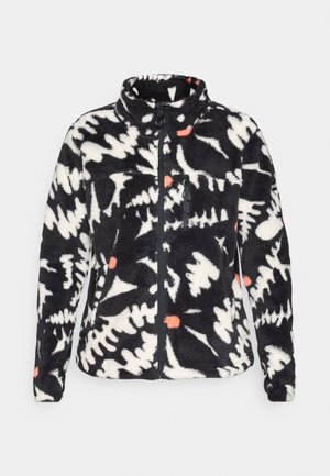 Čierna a biela fleece bunda s abstraktným vzorom paprade a koralovými akcentmi. Má zips vpredu a vysoký golier pre zvýšené teplo.