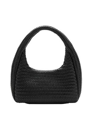 Czarna tkana skórzana torba na ramię z szerokim uchwytem i kształtem półksiężyca.