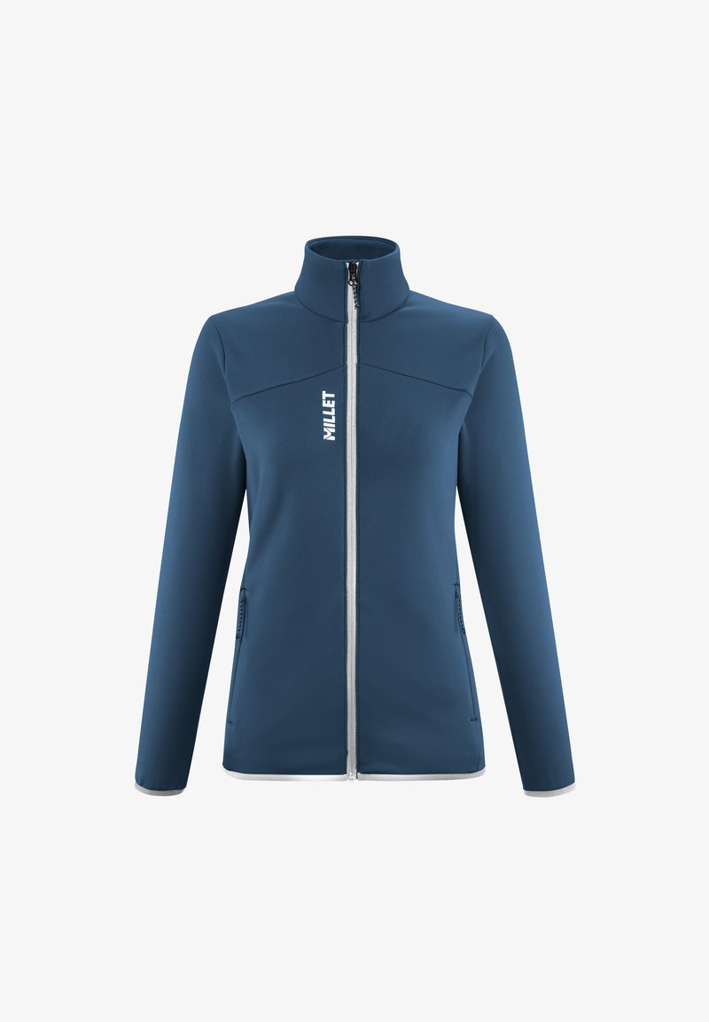 Veste en polaire bleu marine avec col haut, fermeture éclair sur le devant et logo blanc. Elle comporte deux poches latérales et des détails contrastés le long des poignets.