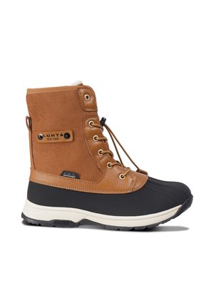 Waterproof brown and black boot with suede and rubber materials, rounded toe shape, lace-up design, and textured upper. Features brand logo.