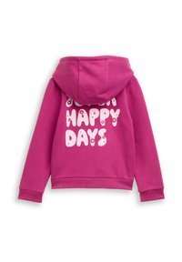 Haut à capuche fuchsia avec une poche avant, arborant le texte "JOURS HEUREUX" en blanc avec des accents floraux. Le tissu est doux et lisse.