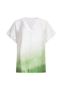 White short-sleeve V-neck t-shirt with a gradient design fading from white to green at the bottom, made of a soft, lightweight fabric.