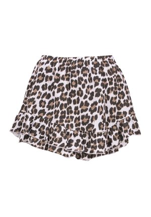 Short leopard print skirt with elastic waistband and ruffled hem, featuring black and brown spots on a white background.
