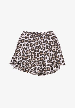 Short leopard print skirt with elastic waistband and ruffled hem, featuring black and brown spots on a white background.