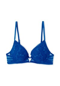 Reggiseno blu in pizzo con coppe a triangolo, bordi ondulati e spalline regolabili. Presenta motivi floreali e un piccolo dettaglio a forma di taglio al centro.
