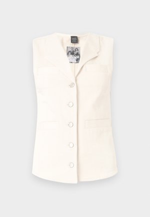 Gilet sans manches couleur crème avec col à revers, fermeture à cinq boutons et deux poches avant. Fabriqué en tissu texturé.