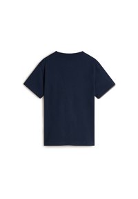 Camiseta de algodón azul marino, de manga corta, con cuello redondo, textura suave, diseño liso, sin logotipos ni patrones visibles en la parte posterior.