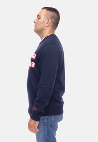 Maglione in lana navy con scollatura rotonda, caratterizzato da testo rosso peloso sul davanti e un piccolo logo rosso sulla manica. Vestibilità slim, polsini a costine.