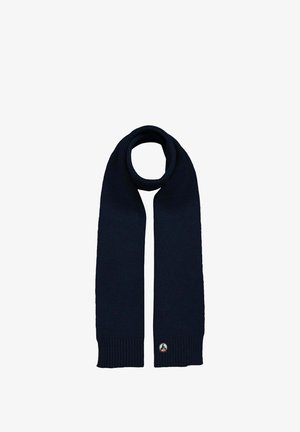 Navyblauwe gebreide sjaal met geribbelde textuur, voorzien van een ronde logo patch aan het ene uiteinde. Lange, cilindrische vorm voor warmte en stijl.