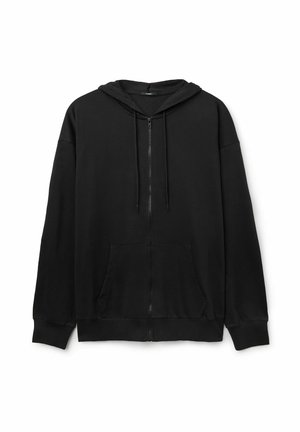 Schwarze Zip-Hoodie aus einem Baumwollmischgewebe. Verfügbar mit einer Kordelzugkapuze, Fronttaschen und gerippten Bündchen. Einfaches, lässiges Design.