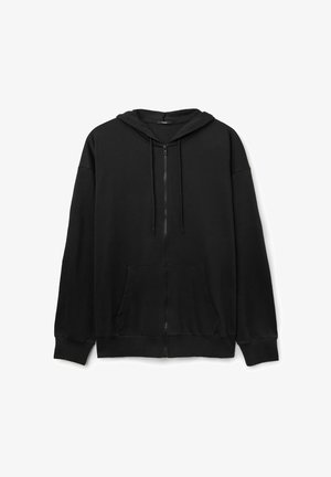 Schwarze Zip-Hoodie aus einem Baumwollmischgewebe. Verfügbar mit einer Kordelzugkapuze, Fronttaschen und gerippten Bündchen. Einfaches, lässiges Design.