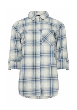 Camisa de manga larga con botones, patrón de cuadros azul y blanco, un bolsillo en el pecho y puños remangados sobre un fondo blanco.