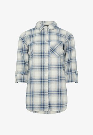 Camisa de manga larga con botones, patrón de cuadros azul y blanco, un bolsillo en el pecho y puños remangados sobre un fondo blanco.