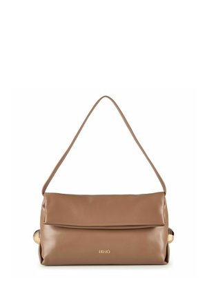 Sac d’épaule en cuir marron avec rabat plié, accents dorés sur les côtés et logo « LIU·JO » sur le centre avant.