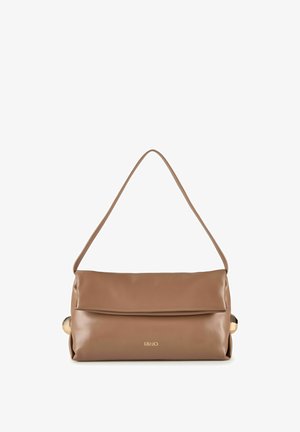Sac d’épaule en cuir marron avec rabat plié, accents dorés sur les côtés et logo « LIU·JO » sur le centre avant.