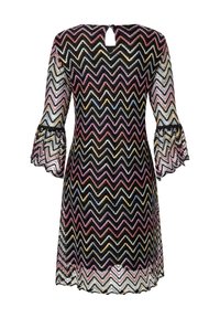 Robe en dentelle avec un motif zigzag multicolore en noir, rose et or, dotée de manches évasées et d'un dos en keyhole.