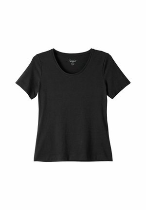 Sort kortærmet t-shirt lavet af glat bomuld. Har en rund hals og en let fitsilhuet. Ingen mønstre eller yderligere accenter synlige.