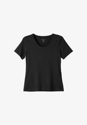 Sort kortærmet t-shirt lavet af glat bomuld. Har en rund hals og en let fitsilhuet. Ingen mønstre eller yderligere accenter synlige.