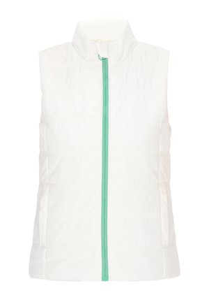 Bela brezrokavnik z visokim ovratnikom, ki ima sprednji zadrgo v turkizni barvi. Teksturovan material, z našitimi horizontalnimi paneli za detajle.