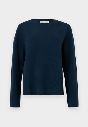 Donkerblauwe trui met lange mouwen en ronde hals, met geribbelde zoom en manchetten, gemaakt van zachte gebreide stof.