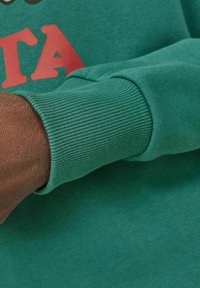 Groene sweatshirt gemaakt van zacht materiaal met een ribgebreide manchet en een oranje grafische print. Close-up beeld dat textuur- en kleurdetails benadrukt.