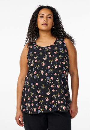 Sort ærmeløs top med et blomsterprint i pink og blå nuancer, lavet af struktureret stof, med rund halsudskæring og løs pasform.
