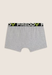 Boxer grigi con un elastico in vita nero e verde con il marchio "FREDDY" in caratteri in grassetto. Realizzati in materiale morbido ed elastico.