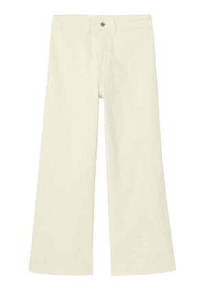 Pantalon large couleur crème, avec bouton frontal et passants pour ceinture, présenté à plat sur fond blanc.