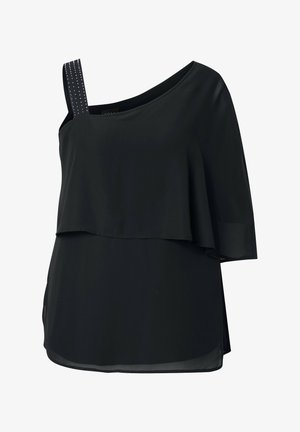 Musta, kerroksellinen pusero, jossa on yksi olkaimen hihna ja kristallikoristeita. Pehmeä kangas ja virtaava siluetti, jossa on sivuaukot.