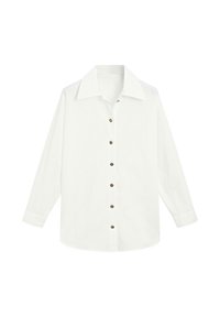 Bílá bavlněná košile na knoflíky s dlouhými rukávy, velkým límcem a hnědými knoflíky vpředu. Hladká textura, klasický střih.