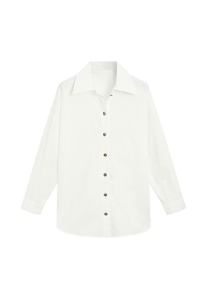 White cotton button-up shirt with long sleeves, a large collar, and brown buttons along the front. Smooth texture, classic cut.