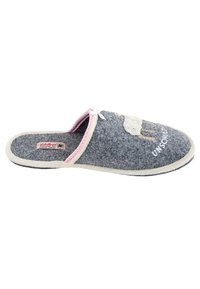 Gray felt slipper with pink trim, a white sheep design, and embroidered text. Open back design with a soft, cushioned insole.