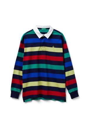 Polo met lange mouwen en horizontale strepen in marineblauw, groen, rood, blauw en geel, voorzien van een witte kraag en een geborduurd detail.