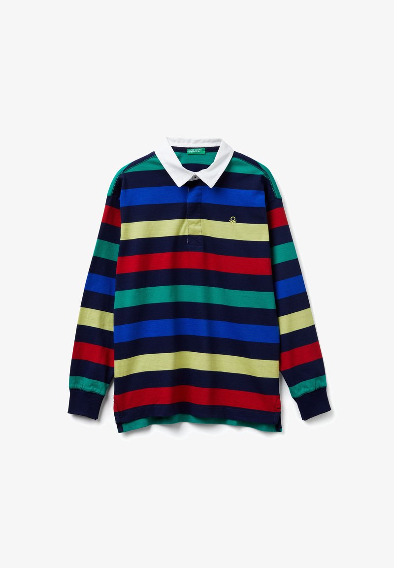 Koszulka polo z długim rękawem w poziome paski w kolorach granatowym, zielonym, czerwonym, niebieskim i żółtym, z białym kołnierzykiem i haftowanym detalem.