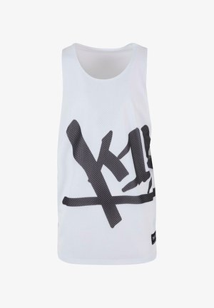 Valge võrkmaterjalist tank top, millel on suur must graafiline disain. Ümar kaelus, ilma varrukateta ning sirge alläär, millel on silt.