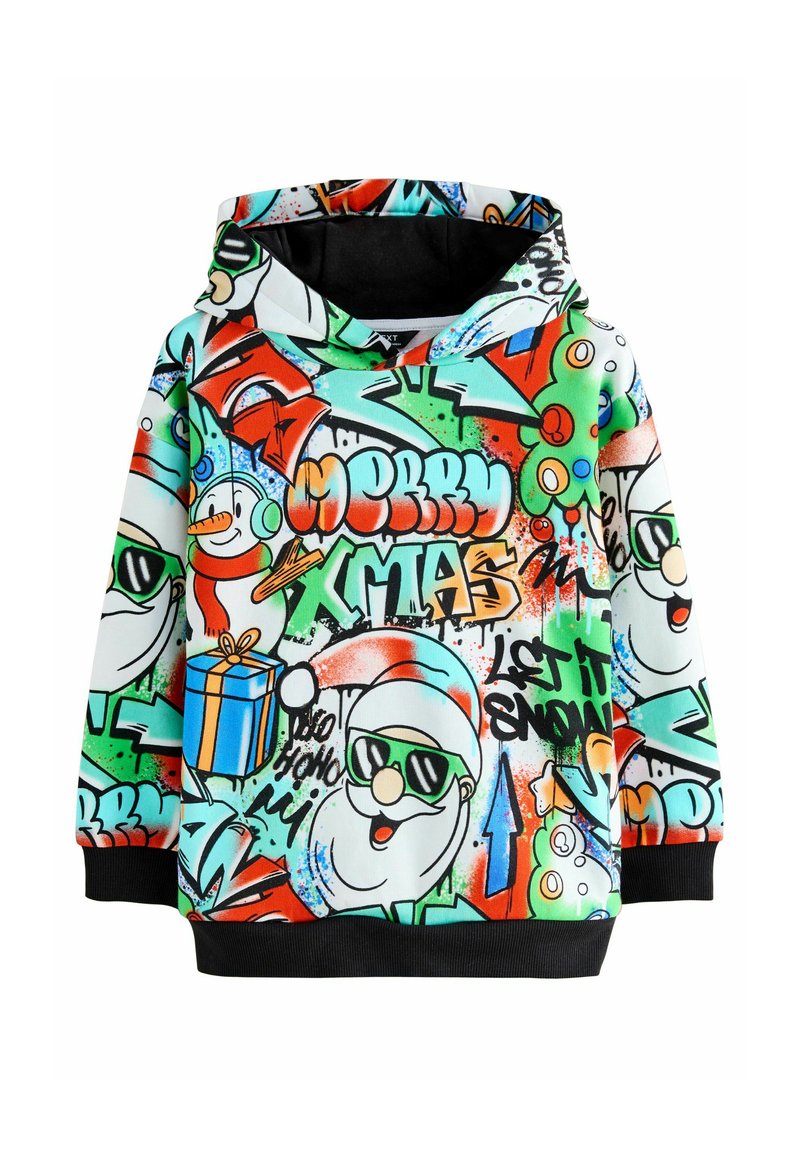 Bluza z kapturem z kolorowym nadrukiem w stylu graffiti, przedstawiająca różne postacie i tekst związane z tematyką świąteczną na jasnym tle.