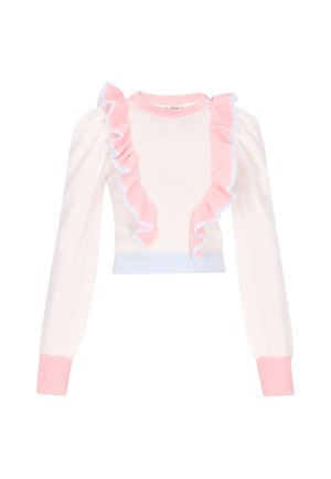 Witte gebreide trui met roze volants, lange mouwen en lichtblauwe geribbelde afwerking aan de onderkant. Strak, cropped ontwerp.