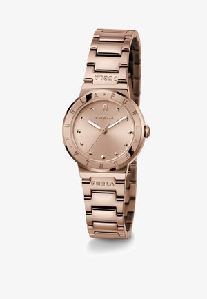 Rozé arany fém óra, kerek számlappal, sima dijjal, pontmérőkkel és láncos karkötővel. A szíjra a "Furla" felirat van bélyegezve.