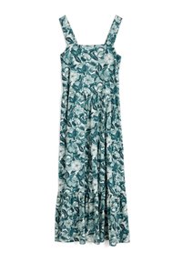 Květinové šaty v odstínech modrozelené a světle zelené, s čtvercovým výstřihem, silnými ramínky a splývavou sukní se staženým pasem a třívrstvým lemem.
