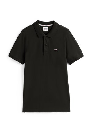 Black polo shirt made of cotton with a classic collar, short sleeves, and a small logo patch on the left chest. Smooth texture.