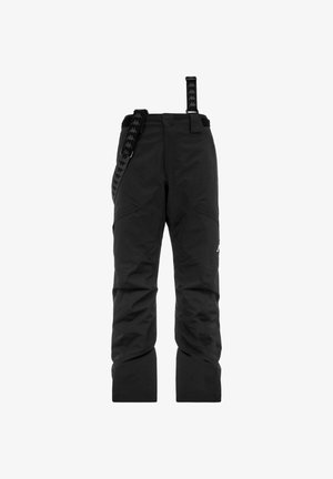 Pantaloni da sci neri con spallacci regolabili, texture liscia, gambe affusolate e zone ginocchia rinforzate, progettati per sport invernali.
