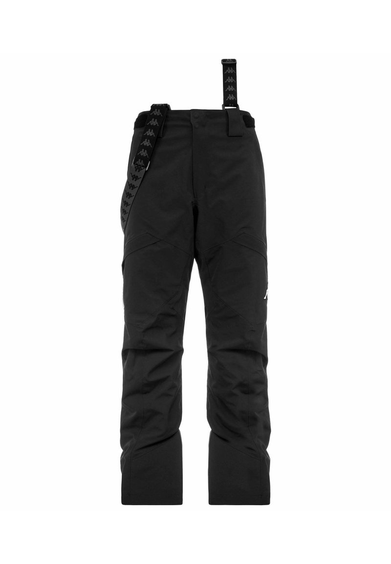 Pantaloni da sci neri con spallacci regolabili, texture liscia, gambe affusolate e zone ginocchia rinforzate, progettati per sport invernali.