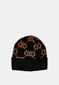 Black knit beanie featuring an all-over tan geometric pattern. Ribbed cuff at the bottom adds texture and contrast. Soft fabric.