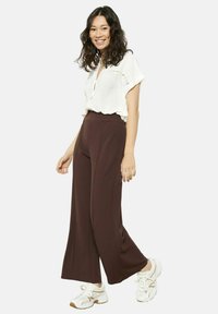 Pantalons larges marron à taille haute, associés à une chemise blanche à manches courtes avec des coutures décoratives. Portés avec des baskets blanches.