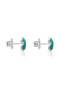 Pendientes de aro de plata con una piedra verde, forma redondeada y un diseño texturizado en los bordes, con un cierre seguro.