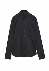 Camicia a maniche lunghe con bottoni in cotone blu navy scuro. Presenta un colletto classico, sei bottoni sul davanti e un orlo dritto.