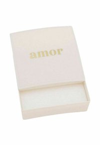 Scatola rettangolare bianca con finitura liscia, caratterizzata da un testo "amor" in oro sul coperchio. L'interno è morbido e privo di decorazioni.